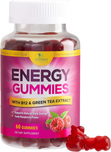 Energy Gummies Vitamin B12, Green Tea and Guarana Extract, Delicious Raspberry Flavor Gummy Chewable Supplement, Daily Energy Support, Non-GMO and Vegan - 60 Gummies