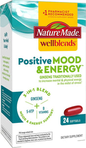 Nature Made Wellblends Positive Mood & Energy, 5HTP, Thiamin, Niacin, Vitamin B6, Vitamin B12, and Pantothenic Acid, plus Ginseng, 24 Softgels