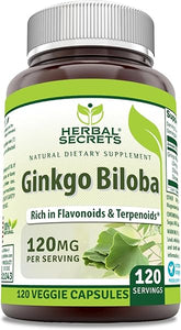 Herbal Secrets Ginkgo Biloba Supplement 120mg 120 Capsules | Standardized to Contain 24% Ginkgo Flavone Glycosides | Non-GMO | Gluten Free | Made in USA in Pakistan