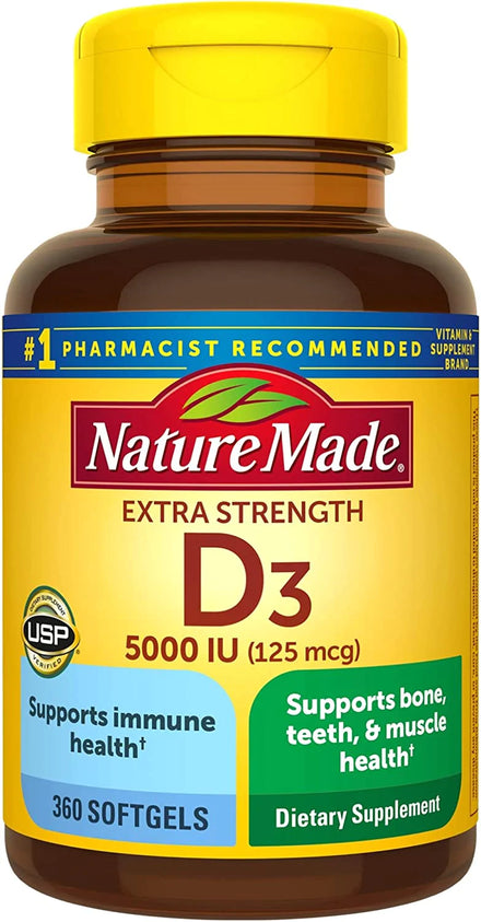 Nature Made Extra Strength Vitamin D3 5000 IU (125 mcg), Dietary Supplement for Bone, Teeth, Muscle and Immune Health Support, 180 Softgels, 180 Day Supply