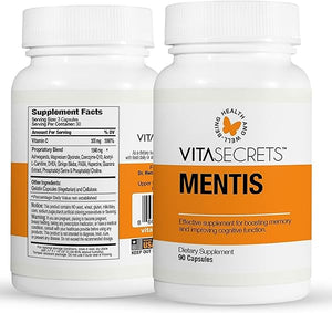 Mentis Memory & Cognition Support Supplement - Concentration, Clarity, Cognitive Enhancement - Vitamins B6, B12, Ashwaganda, Gingko Biloba| Gluten and GMO Free, 90 Capsules in Pakistan