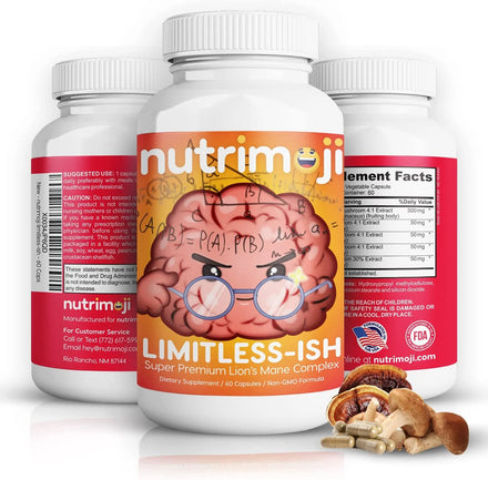 nutrimoji Limitless-ish | Natural Energy and Focus | Lions Mane Mushroom Supplement Brain Booster | The No Crash Energy Supplement | Immunity Boosting Focus Vitamin | 60 Lion's Mane Mushroom Capsules…