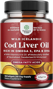 Icelandic Cod Liver Oil Softgels - Wild Caught EPA DHA Omega 3 Fish Oil 1000mg per serving - Sustainably Sourced Burpless Fish Oil Supplement with Vitamin D3 & A for Heart Joint Brain & Immune Support in Pakistan