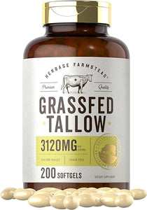 Grass Fed Beef Tallow 3120mg | 200 Softgel Capsules | Pasture Raised Bovine Supplement | Non-GMO, Gluten Free | by Herbage Farmstead in Pakistan