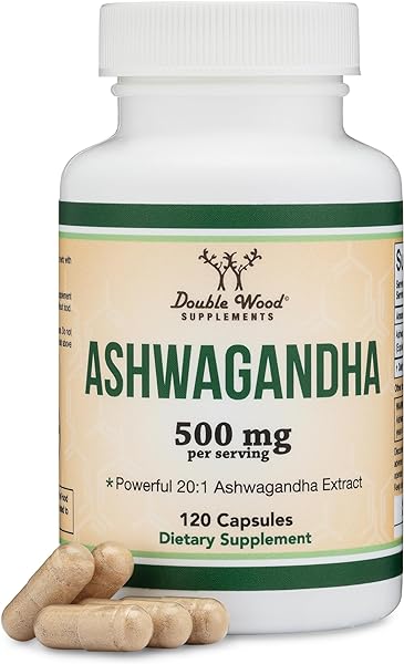 Ashwagandha Capsules, 120 Count (500mg Extract 20:1 Potency, Equivalent to 10,000mg Powder) Adaptogen Stress Relief by Double Wood in Pakistan in Pakistan