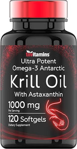 Antarctic Krill Oil 1000mg x 120 Softgels with Astaxanthin | 1000mg Krill Oil, 200 mg Phospholipids, 120 mg EPA, 80 mg DHA, 200 mcg Astaxanthin | Ultra Potent & Pure Omega-3 Cold Water Antarctic Krill in Pakistan