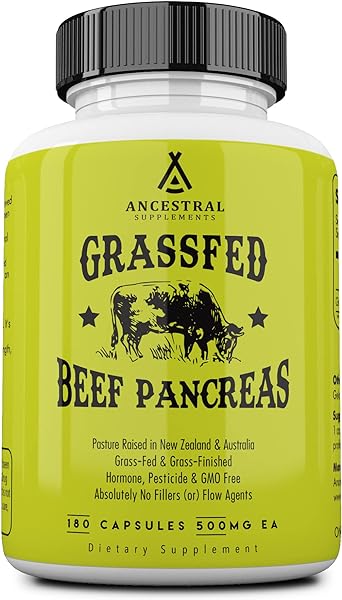 Ancestral Supplements Grass Fed Beef Pancreas Supplement, 500mg, Pancreatic Support with Proteolytic Digestive Enzymes for Digestion Support, Including Trypsin, Non GMO, 180 Capsules in Pakistan