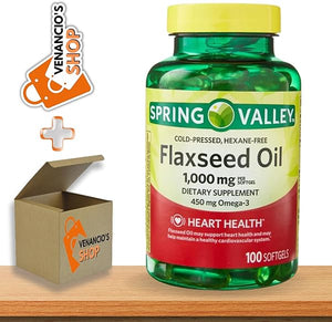 Flaxseed Oil Softgels - Vegan Omega 3,6 and 9 Dietary Supplement - Flaxseed 1000mg Softgels per Serving - Flax Seed Oil Pills by Spring Valley + Includes Venancio’sFridge Sticker (100 Count) in Pakistan