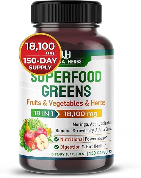 Superfood Greens 18 IN 1 - 18,100mg with Fruits & Vegetables & Herbs -Moringa, Alfalfa, Apple, Spinatch, Banana, Strawberry- Boost Energy, Immunity and Gut Health (150-day supply (pack of 1)) in Pakistan in Pakistan