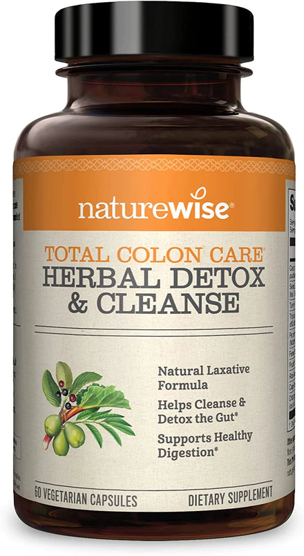 NatureWise Total Colon Care Fiber Cleanse with Safe Herbal Laxatives, Prebiotics, & Digestive Enzymes for Healthy Elimination, Safe Digestion & Weight, Detox, & Gut Health [1 Month Supply - 60 Count]