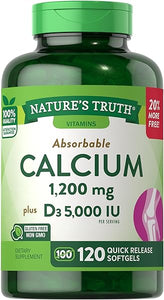 Absorbable Calcium 1200 mg with Vitamin D3 5000 IU | 120 Softgels | Calcium Carbonate Supplement | Non-GMO Gluten Free | Nature's Truth in Pakistan