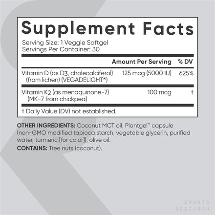 Sports Research Vitamin D3 K2 with Coconut Oil | Plant Based Vitamin K2 MK7 + Vegan D3 5000iu for Bone & Immune Health | Vegan Certified, Soy & Gluten Free - 30 Count Softgels