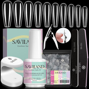 Acrylic Nail Kit Nail Extensions Kit, Glue, Coffin Nails Tips with Nail Glue Gel and Lamp, Nail Art