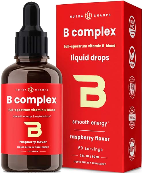 NutraChamps Vitamin B Complex Liquid Drops | B Vitamins Complex Supplement with B1, B2, B3, B6, B7, B9 & Methyl B12 Drops for Adults & Kids | Vegan Berry Flavor 2oz | 60 Servings / 2 Month Supply in Pakistan in Pakistan