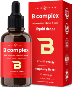 NutraChamps Vitamin B Complex Liquid Drops | B Vitamins Complex Supplement with B1, B2, B3, B6, B7, B9 & Methyl B12 Drops for Adults & Kids | Vegan Berry Flavor 2oz | 60 Servings / 2 Month Supply