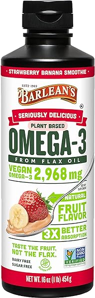 Barlean's Strawberry Banana Omega 3 Liquid Flaxseed Oil with 2,968 mg Vegan Omegas 3 6 9, Smoothie Supplements for Kids & Adults from Cold Pressed Flax Seed Oil, Non-GMO & Gluten Free, 16 oz in Pakistan