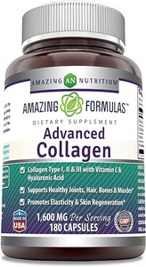 Amazing Formulas Advanced Collagen 1600mg Per Serving Supplement | Collagen Type I, II & III with Vitamin C & Hyaluronic Acid | Veggie Capsules (180 Count) in Pakistan