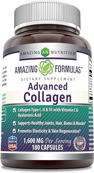 Amazing Formulas Advanced Collagen 1600mg Per Serving Supplement | Collagen Type I, II & III with Vitamin C & Hyaluronic Acid | Veggie Capsules (180 Count) in Pakistan