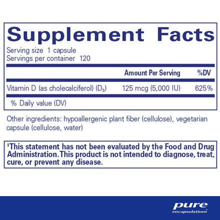 Pure Encapsulations Vitamin D3 125 mcg (5,000 IU) - Supplement to Support Bone, Joint, Breast, Heart, Colon, and Immune Health* - with Vitamin D - 120 Capsules