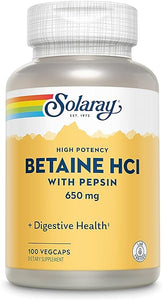 SOLARAY High Potency Betaine HCL with Pepsin 650 mg, Hydrochloric Acid Formula for Healthy Digestion Support, Lab Verified, 250 VegCaps (100 Servings, 100 Veg Caps) in Pakistan