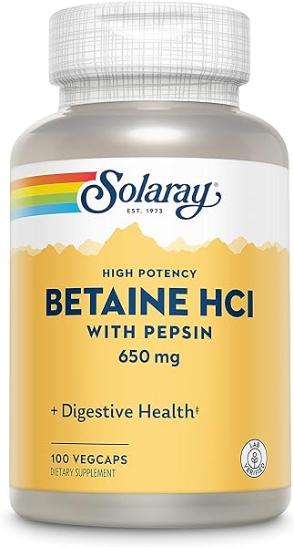 SOLARAY High Potency Betaine HCL with Pepsin 650 mg, Hydrochloric Acid Formula for Healthy Digestion Support, Lab Verified, 250 VegCaps (100 Servings, 100 Veg Caps) in Pakistan in Pakistan