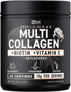 Premium Multi Collagen Peptides Protein Powder (1, 2, 3, 5 & 10) with Vitamin C, Biotin, Hyaluronic Acid, for Hair Skin and Nails - Marine, Bovine, Chicken & Eggshell (Unflavored, 45 Servings) in Pakistan