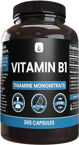 PURE ORIGINAL INGREDIENTS Vitamin B1 (Thiamine Mononitrate) (365 Capsules) No Magnesium Or Rice Fillers, Always Pure, Lab Verified in Pakistan