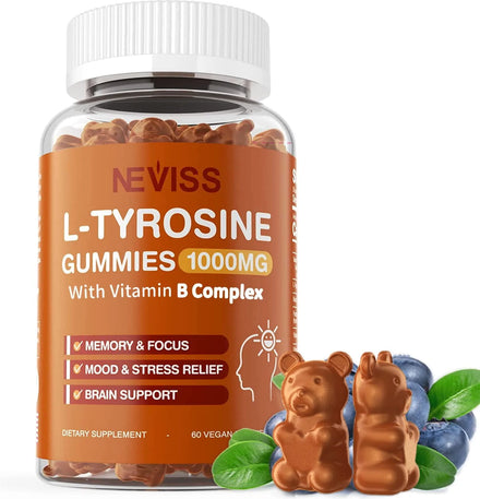 L Tyrosine Gummies 1000mg with Vitamin B Complex, B3, B5, B6, B12, Brain Supplement for Neurotransmitter Support, Focus & Memory, Cognition, Energy, Mood, Stress-Relief, Blueberry Flavor Gummies 60Cts