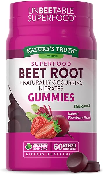 Beet Root Gummies | 60 Count | Vegan, Non-GMO & Gluten Free | Super Food Supplement | with Black Pepper | Natural Strawberry Flavor | by Nature's Truth in Pakistan