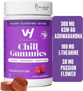 VitaHustle Chill Gummies by Kevin Hart, 300 mg KSM 66 Ashwagandha, L-Theanine, Mood Gummies, Stress Gummies, Focus Gummies (Passion Fruit) 50 Count in Pakistan