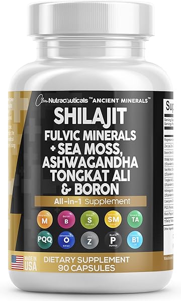 Pure Shilajit Supplement 10,000mg Himalayan w Sea Moss 6000mg Ashwagandha 6000 Tongkat Ali Boron Magnesium - Fulvic Acid & Trace Minerals Shilajit Capsules for Men - Alt to Shilajit Resin Made in USA in Pakistan