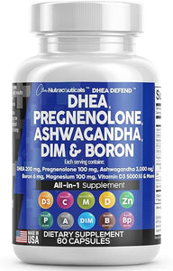 DHEA 200mg Supplement Pregnenolone 100mg for Men & Women with DIM Ashwagandha 3000mg Boron 6mg Complex Calcium Magnesium Zinc 50mg Vitamin D3 5000 iu Hormone Support Capsules Pills - Made in USA 60 Ct in Pakistan