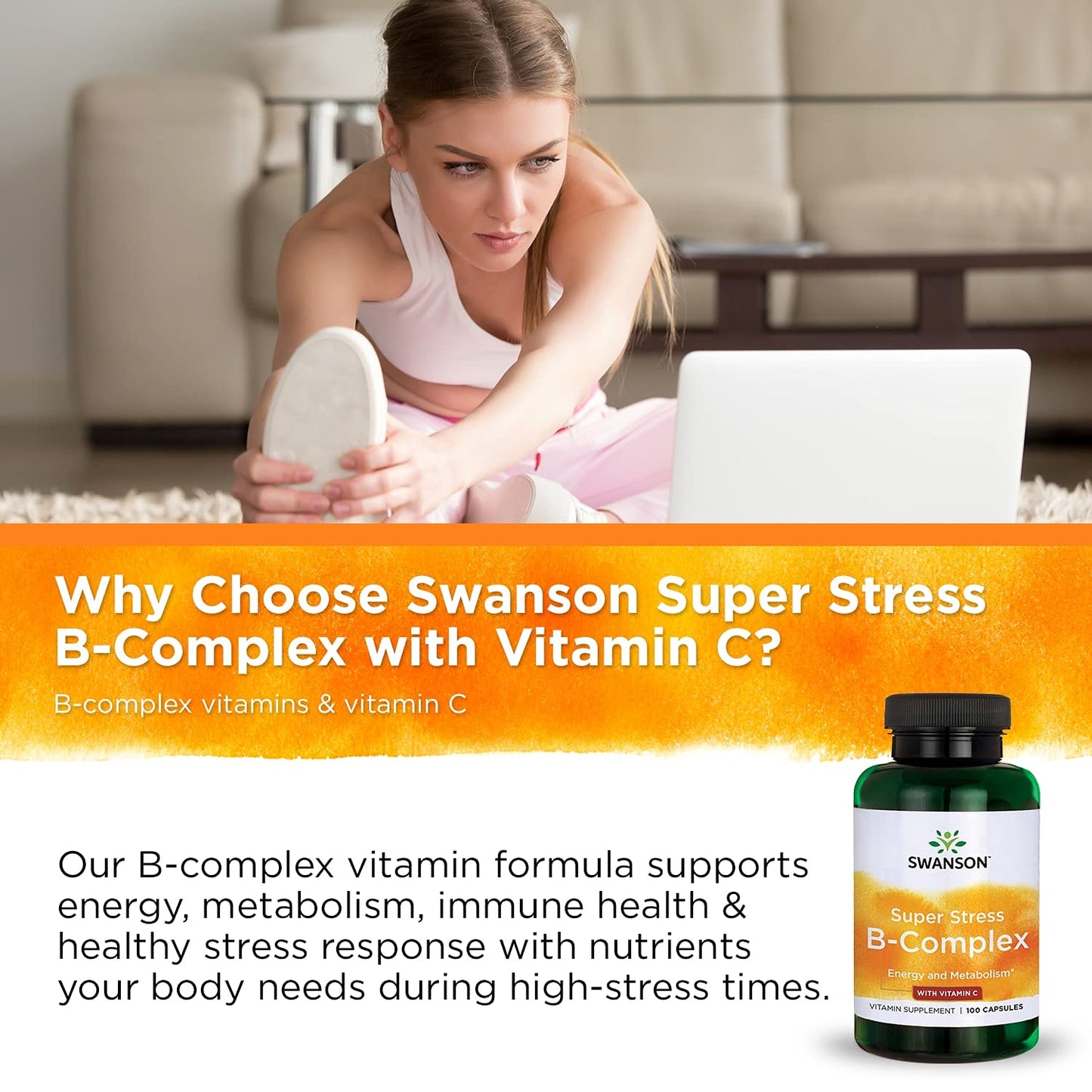 Swanson Vitamin B-Complex w/Vitamin C - Natural Supplement Promoting Stress Relief, Energy Support & Aiding Immune Health - May Support Metabolism & Nervous Health - (100 Capsules)