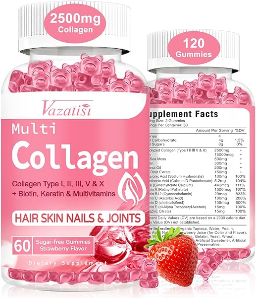 2 Pack Sugar Free Collagen Gummies for Women Men, Vegan Collagen 2500mg with Biotin Sea Moss Vitamin C Zinc for Hair Skin Nails Muscle & Joint, Immunity - 60 Strawberry Flavored Supplement in Pakistan