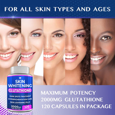 Glutathione Whitening Pills - 120 Capsules 2000mg Glutathione - Effective Skin Lightening Supplement - Dark Spots, Melasma & Acne Scar Remover, Hyperpigmentation Treatment - Anti-Aging Antioxidant