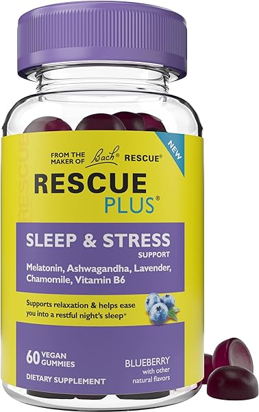 Bach RESCUE PLUS Sleep & Stress Support Gummies, Nighttime Dietary Supplement with 1mg Melatonin, Ashwagandha, Chamomile, Lavender & Vitamin B6, Natural Blueberry Flavor, Vegan & Gluten-Free, 60 Count in Pakistan