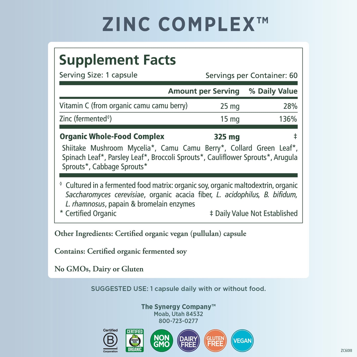 PURE SYNERGY Zinc Complex | Zinc Immune Support Supplement | Natural, Vegan Zinc Complex with Vitamin C and Organic Whole Foods | for Immune, Brain, and Skin Health (60 Capsules)