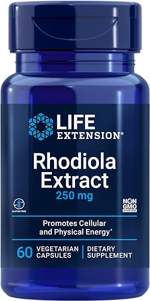 Life Extension Rhodiola Extract, Rhodiola rosea supplement, standardized extract, promotes physical and mental performance, gluten-free, non-GMO, vegetarian, 250 mg, 60 capsules in Pakistan