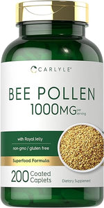 Carlyle Bee Pollen Supplement 1000mg | 200 Caplets | with Royal Jelly and Bee Propolis | Vegetarian, Non-GMO, Gluten Free in Pakistan