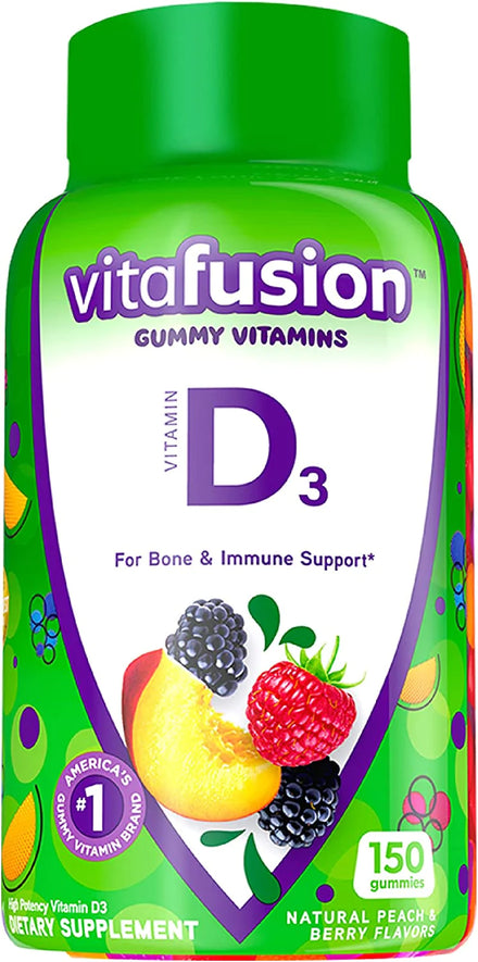Vitafusion Vitamin D3 Gummy Vitamins for Bone and Immune System Support, Peach, Blackberry and Strawberry Flavored, 50 mcg Vitamin D, America’s Number 1 Gummy Vitamin Brand, 75 Day Supply, 150 Count