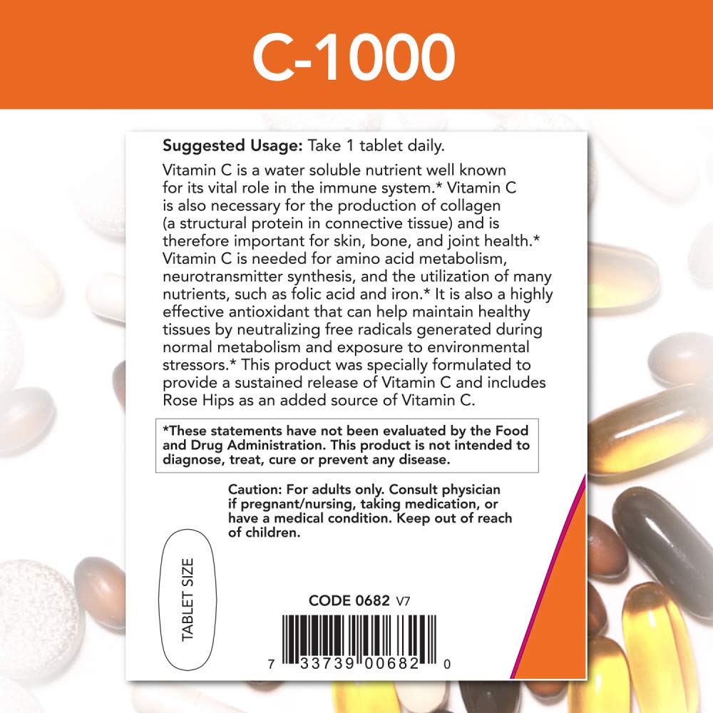 NOW Supplements, Vitamin C-1,000 with Rose Hips, Sustained Release, Antioxidant Protection*, 250 Tablets