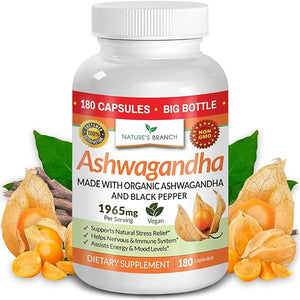 Organic Ashwagandha with Black Pepper - 𝟭𝟴𝟬 𝗖𝗔𝗣𝗦𝗨𝗟𝗘𝗦 - 1965mg Extra Strength for Stress and Mood, Sleep, Thyroid, Focus, Hair Pure Root Extract Powder - Vegan Supplements for Men and Women in Pakistan