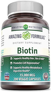 Amazing Formulas Biotin 15000 mcg - Supports Healthy Hair, Skin & Nails - Promotes Cell Rejuvenation - Supports Healthy Metabolism & Digestive Health (200 Capsules) in Pakistan