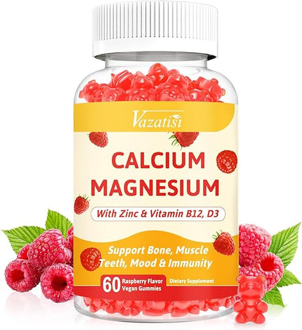 Calcium Magnesium Zinc Gummies with Vitamin D3 & B12, Sugar Free Calcium Supplements for Women Men Support Bone, Muscle Teeth, Mood & Immunity, Vegan Raspberry Flavor in Pakistan