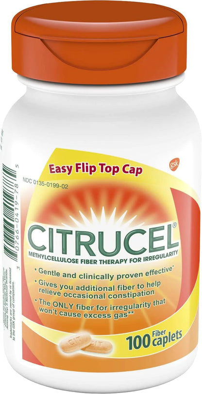 Citrucel Methylcellulose Fiber Caplets for Occasional Constipation Relief, Orange Flavor - 100 Count
