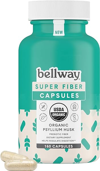 Bellway Super Fiber Capsules - USDA Organic Psyllium Husk Capsules - Daily Psyllium Husk Powder Capsules Supplement for Digestive Health and Regularity, Plant Based, Non-GMO, Kosher - 160 Capsules in Pakistan