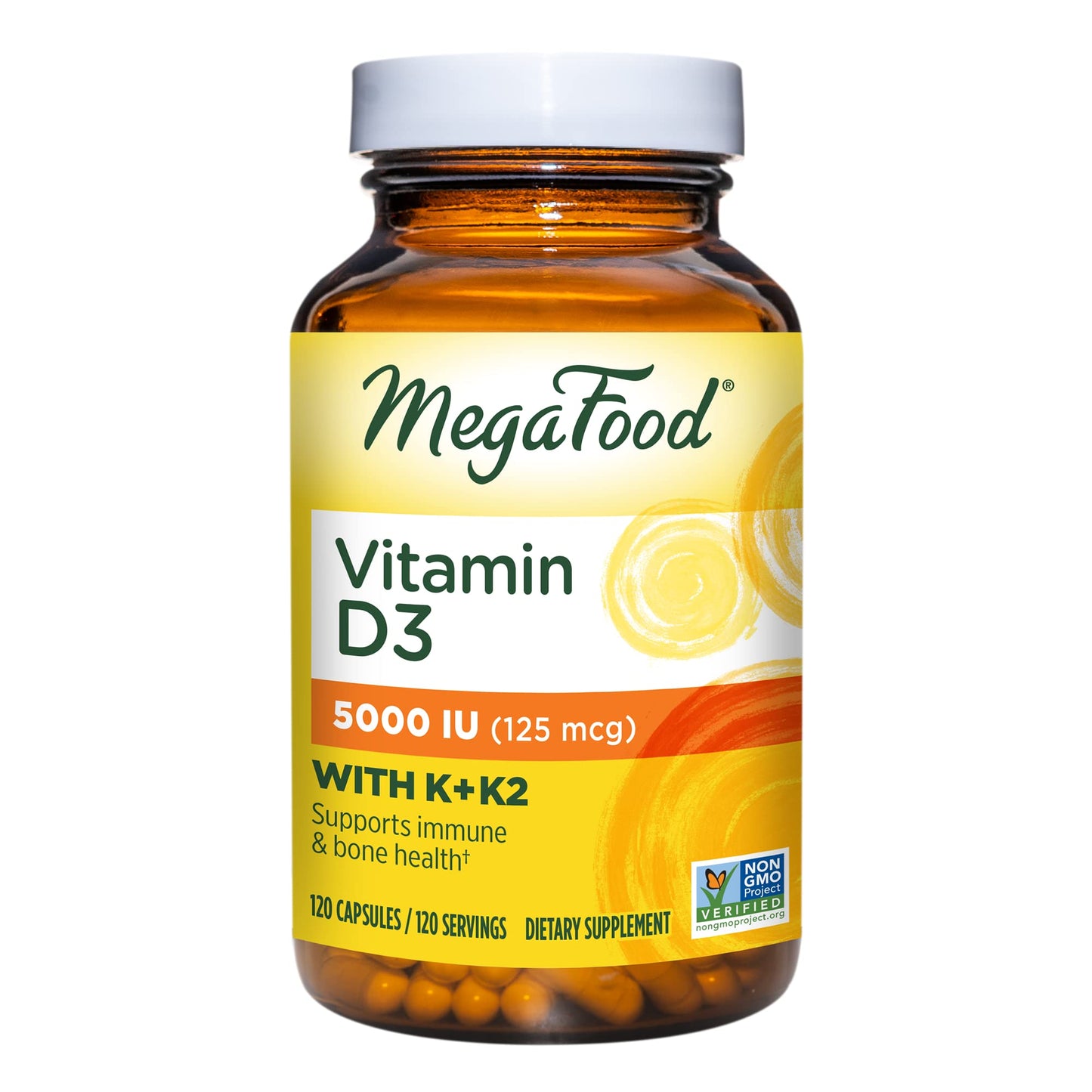 MegaFood Vitamin D3 5000 IU (125 mcg) - Immune Support Supplement - Bone Health - with Vitamin D3, Vitamin K, and Vitamin K2 - Vegetarian, Gluten-Free - Made Without 9 Food Allergens - 120 Caps