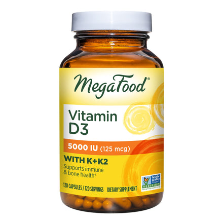 MegaFood Vitamin D3 5000 IU (125 mcg) - Immune Support Supplement - Bone Health - with Vitamin D3, Vitamin K, and Vitamin K2 - Vegetarian, Gluten-Free - Made Without 9 Food Allergens - 120 Caps