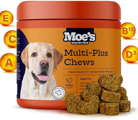 Moe’s 5-in-1 Essential Dog Multivitamin -Supports Dog's Heart, Immunity, Skin, Coat, & Overall Health- Vitamins A, B12, C, D, E, Antioxidants, Omega 3- for All Ages & Breeds- 90 Chicken Flavored Chews in Pakistan