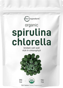 Organic Chlorella Spirulina Tablets, 3000mg Per Serving, 720 Counts, 4 Months Supply, 50/50 Blend Superfood, No Filler, No Additives, Cracked Cell Wall, Rich in Vegan Protein & Chlorophyll in Pakistan